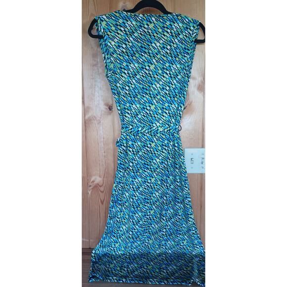 VTG Boheme Faux Wrap Midi Dress Womens Medium Blue Green Geometric Design Office - Picture 4 of 6